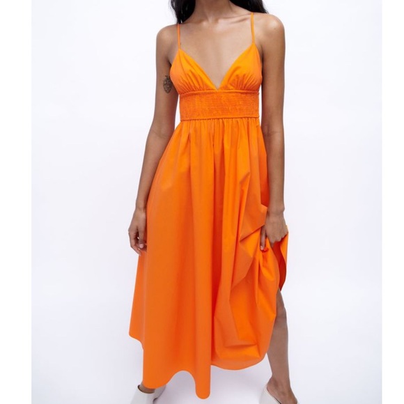 COPY - Zara Bright Orange Neon Smocked Crepe Midi Dress - Picture 1 of 10